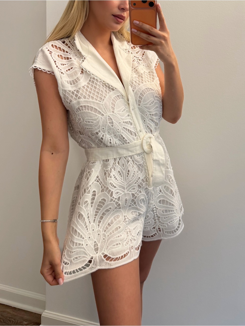 Fashion Nova White Lace Eyelet Romper with Belted Waist